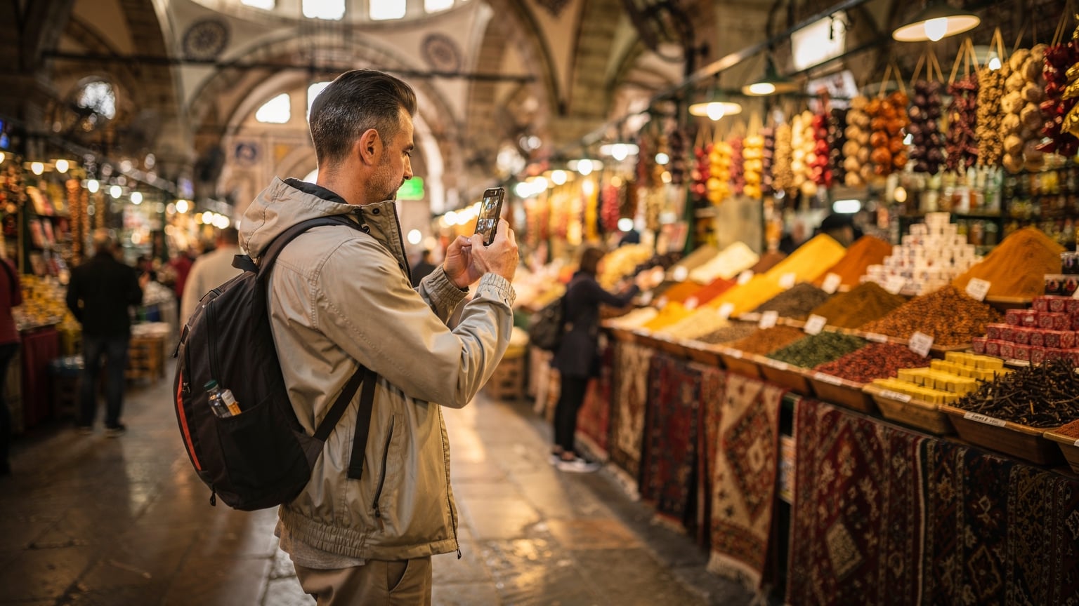 Un viaggiatore sta scattando una foto a un vivace mercato delle spezie a Istanbul, con un mix di luci calde e odori intensi, il suo smartphone in mano mostra la schermata della fotocamera.