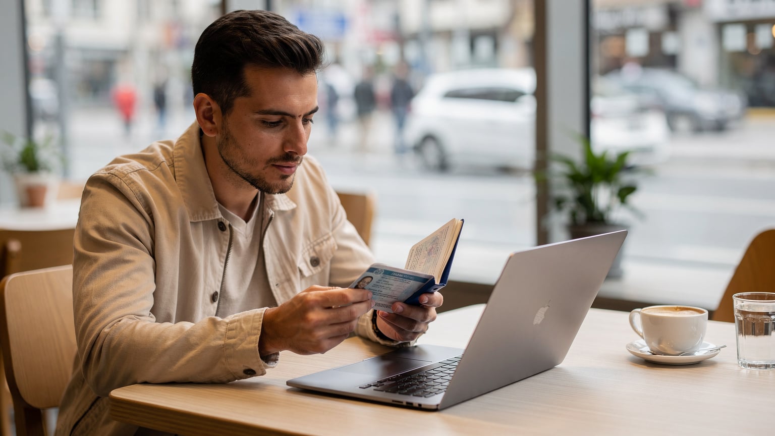 Un viaggiatore con il passaporto aperto e una carta d'identità italiana in mano, seduto in un caffè moderno con un laptop aperto.