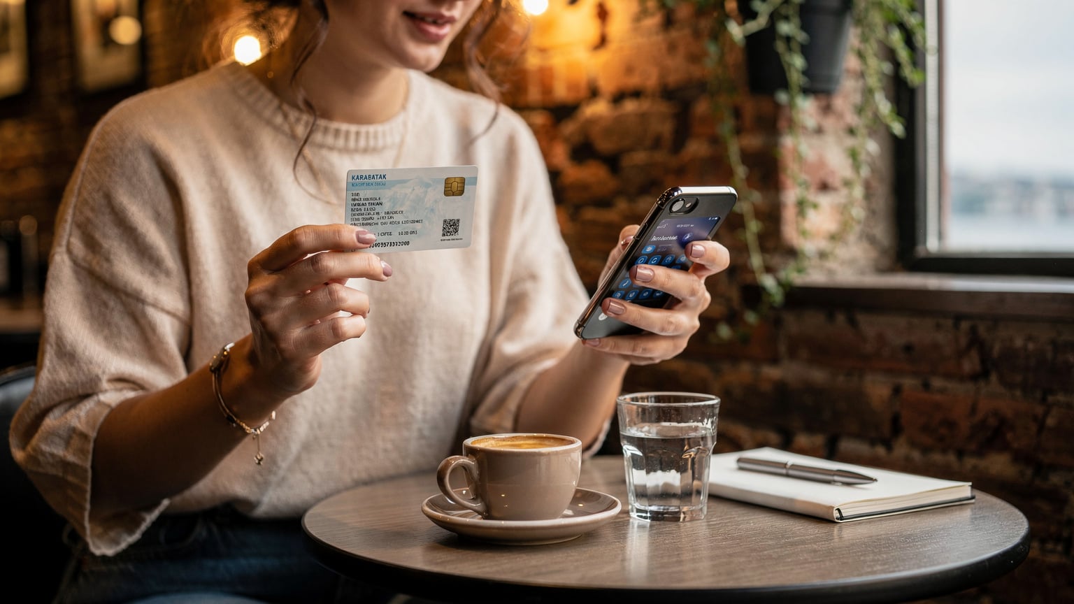 Una donna italiana tiene in mano la sua carta d'identità e il suo smartphone, sul quale è visibile la schermata di gestione di una eSIM, mentre è seduta al tavolino di un caffè moderno nel quartiere di Karaköy, Istanbul.
