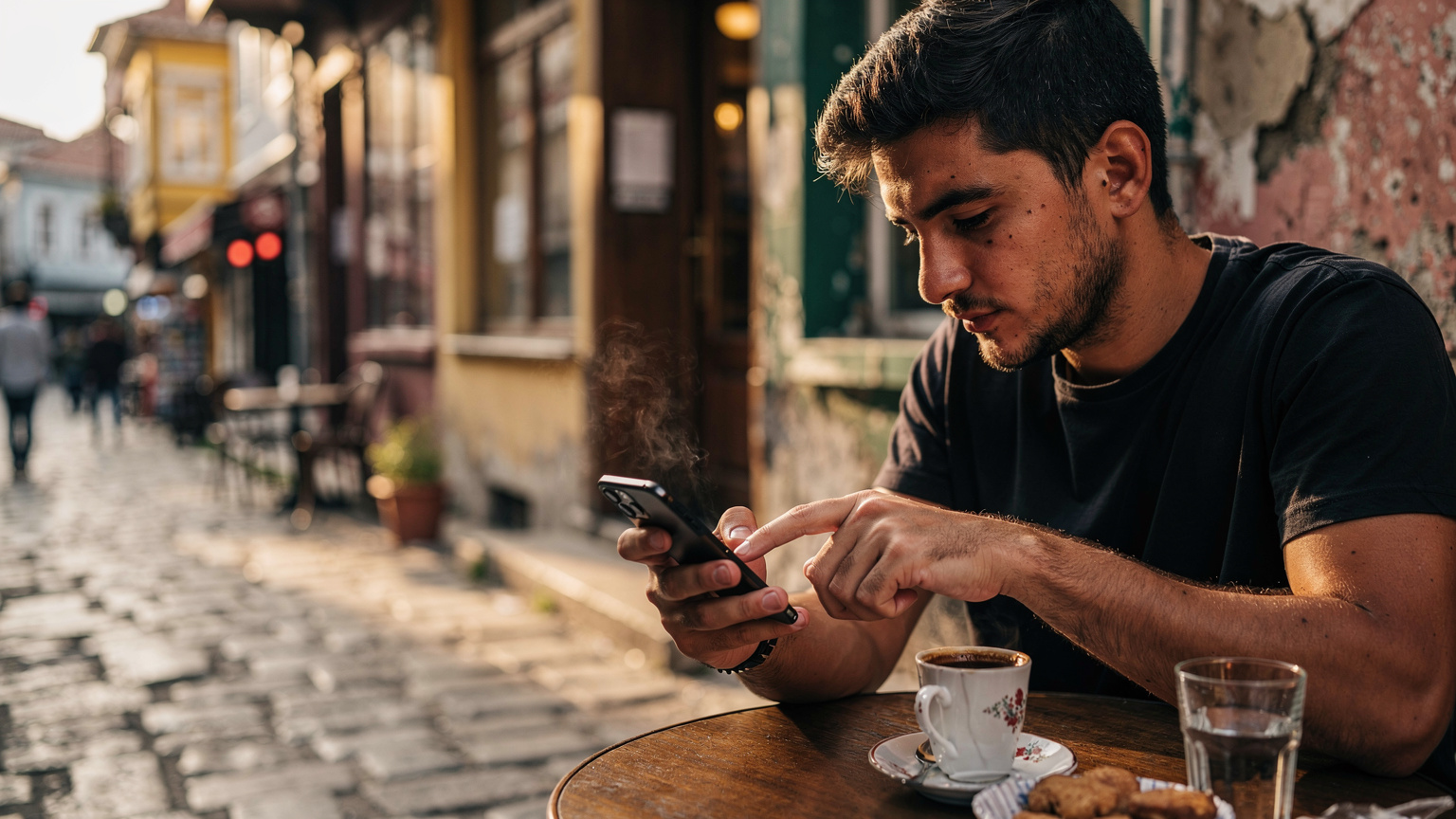 İstanbul'un tarihi sokaklarında bir kafede oturan genç bir adam, yorgun argın, iPhone'unun ekranına odaklanmış, eSIM kurulumunun son adımlarını tamamlamaya çalışıyor. Elinde bir fincan Türk kahvesi duruyor.