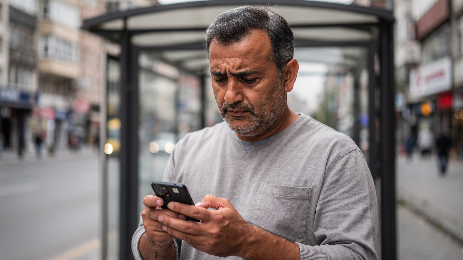 Ankara'daki bir otobüs durağında, otobüs bekleyen orta yaşlı bir adam, elindeki Android telefonunun ekranına dikkatlice bakarak eSIM kurulumu yapmaya çalışıyor. Yüzünde hafif bir endişe var, muhtemelen ağ ayarlarıyla ilgili bir sorun yaşıyor.