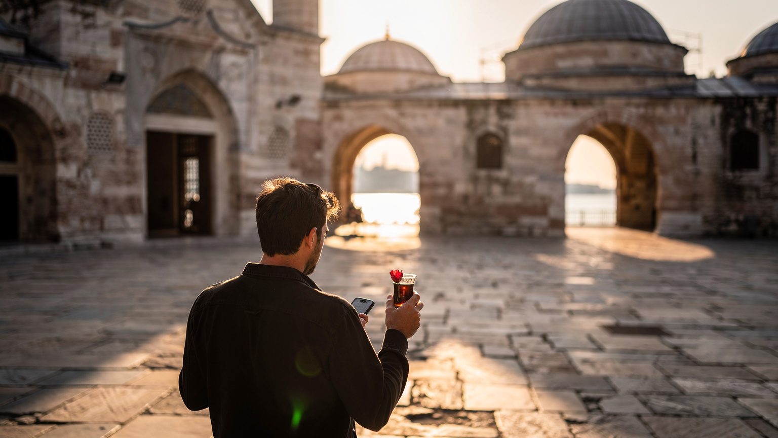 Topkapı Sarayı'nın dış avlusunda, gün batımına doğru, elinde bir bardak çay tutan bir turistin sırtından çekilmiş bir fotoğraf. Arka planda Saray'ın surları ve hafifçe parlayan İstanbul Boğazı görünüyor. Huzurlu ama teknolojik bir an.