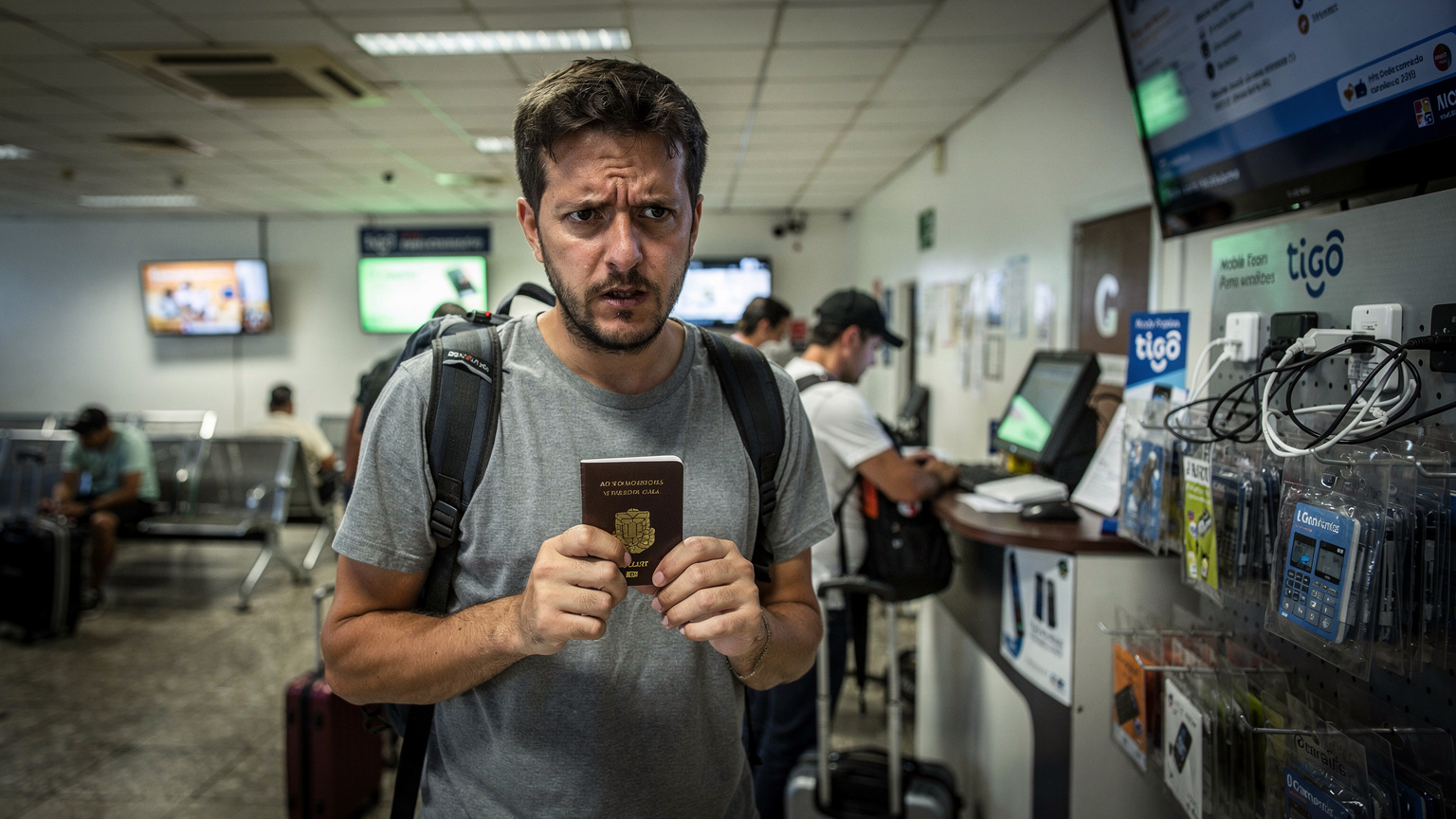 Un viajero frustrado en la fila de una tienda de telefonía en el aeropuerto, con su pasaporte en la mano y una expresión de impaciencia, mientras un empleado parece ocupado con papeleo.