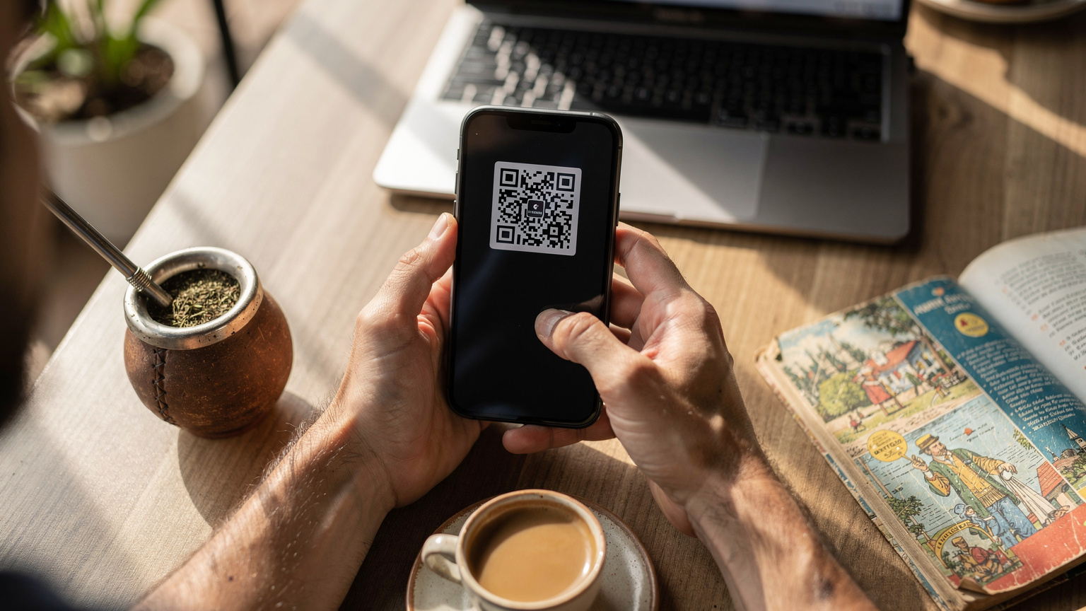 Manos de una persona usando un smartphone para escanear un código QR de una eSIM desde una pantalla de ordenador portátil, en un café moderno del barrio de Las Mercedes en Asunción, con un mate y un libro de viajes cerca.