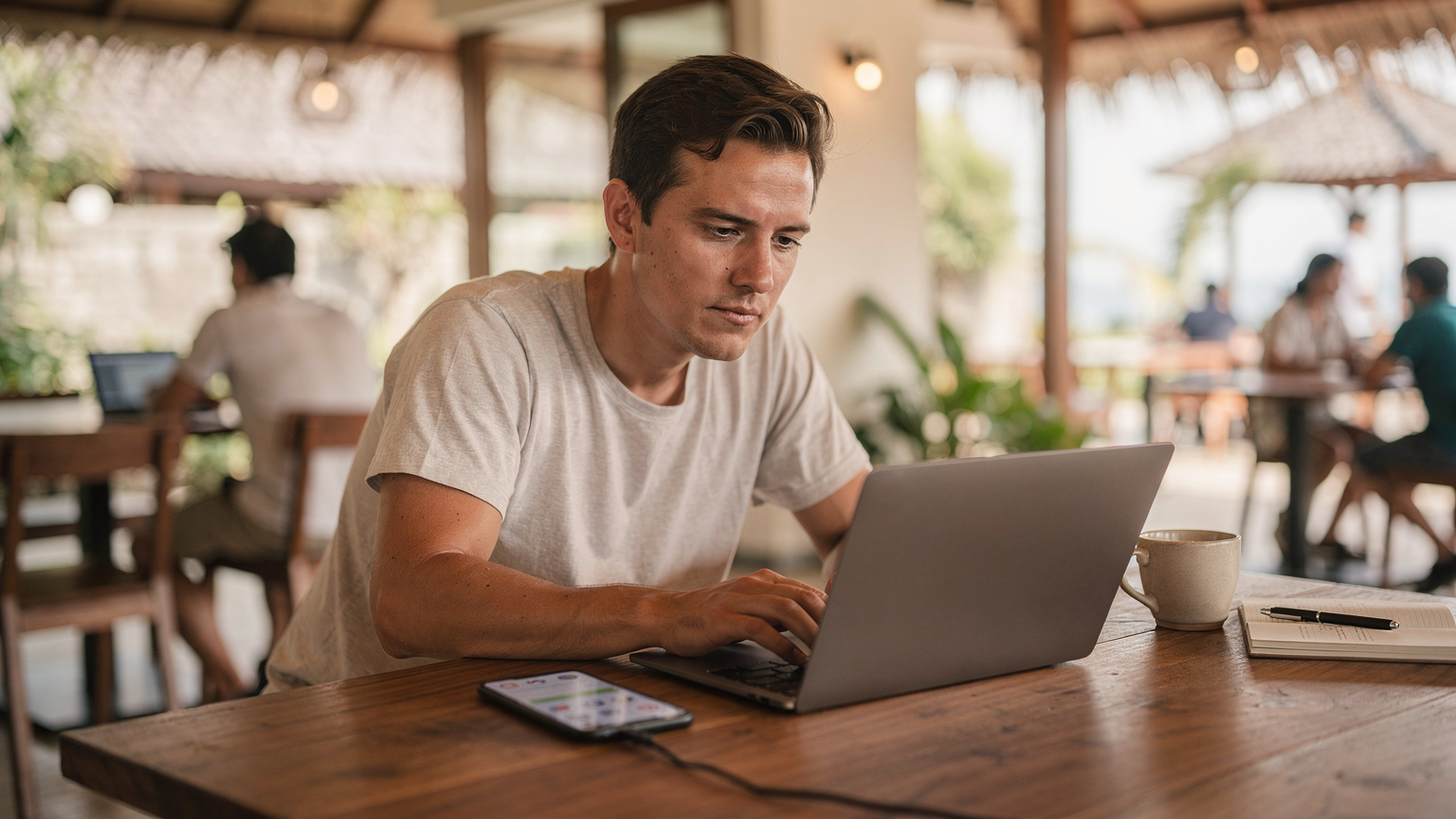 Bali'nin Canggu bölgesindeki Dojo Bali Coworking Space'de, dizüstü bilgisayarı ve akıllı telefonuyla çalışan bir dijital göçebe. Masasının üzerinde bir fincan kahve ve not defteri bulunuyor.