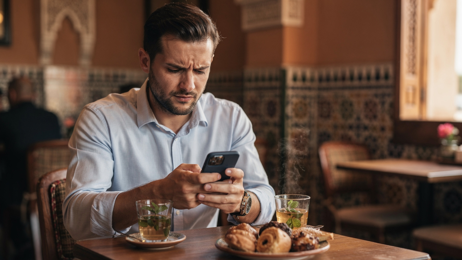 Un homme d'affaires avec un regard légèrement frustré, regardant son téléphone affichant un signal de réseau faible, assis à une table en bois dans un café marocain traditionnel avec un verre de thé à la menthe. La lumière du matin est filtrée.