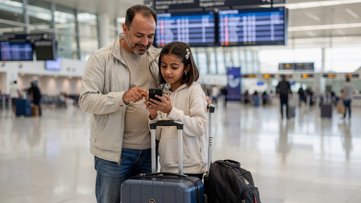 Un père et sa fille souriants vérifient les paramètres d'un téléphone Android dans un hall d'aéroport animé, des valises à leurs pieds, des écrans d'affichage de vols en arrière-plan. La lumière est vive et générale.
