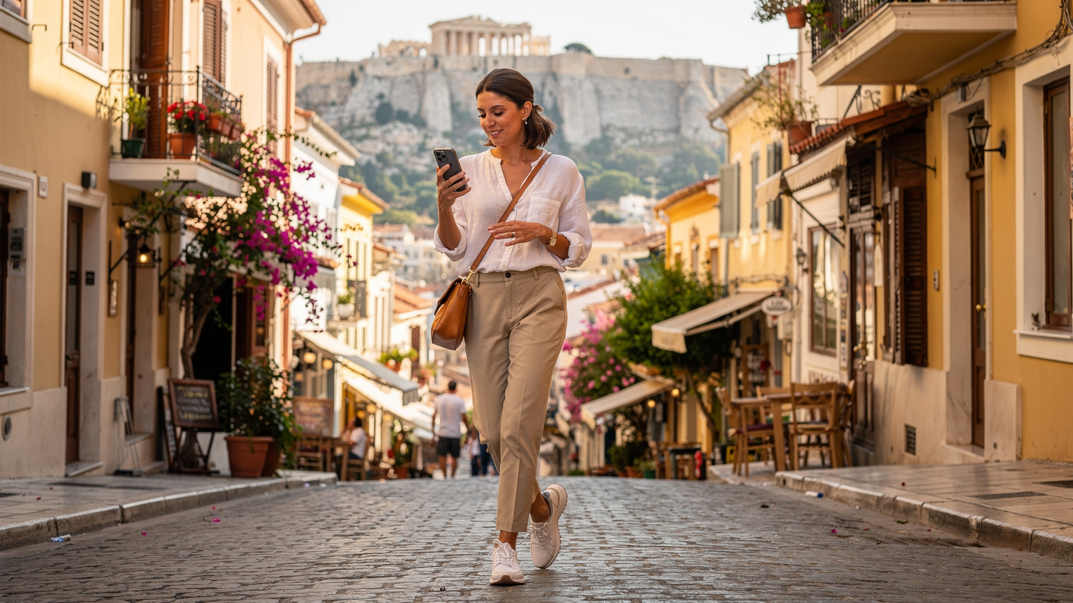 A woman confidently holds her smartphone, displaying a data signal, as she navigates the bustling Plaka district of Athens, with the ancient Acropolis visible in the background.