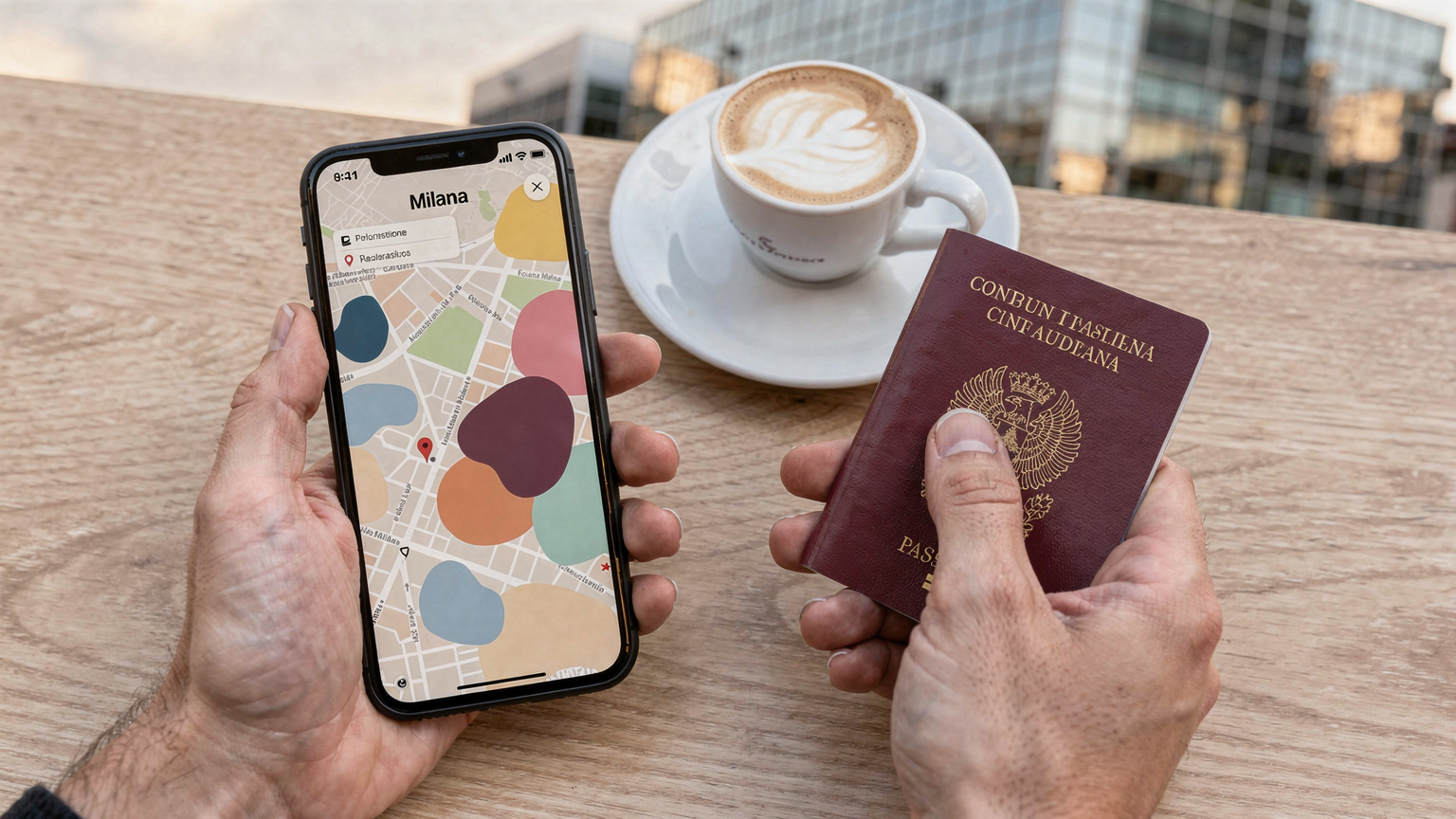 Un primo piano di un telefono cellulare che mostra una mappa di Milano, tenuto da mani che portano un passaporto italiano, su un tavolo di un caffè con una tazza di cappuccino in Piazza Gae Aulenti, illuminata da una luce mattutina.