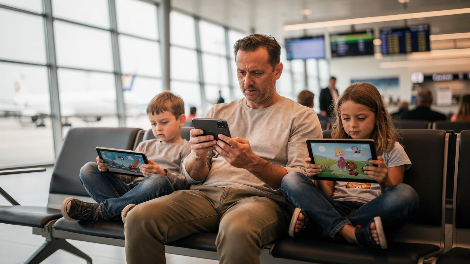 Un tată cu doi copii, într-o sală de așteptare aglomerată a unui aeroport din Munchen, verifică cu atenție nivelul bateriei și conexiunea eSIM pe telefonul său, în timp ce copiii lor sunt absorbiți de desene animate pe tabletele lor. Lumina ambientală este caldă, provenind de la ferestrele mari și iluminatul interior.