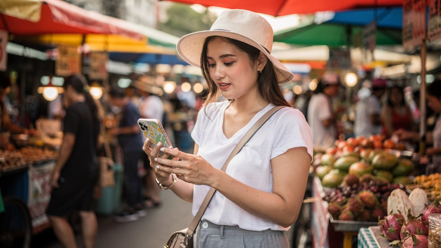 A traveler in a bustling street market in Bangkok, holding their phone displaying a map, surrounded by colorful food stalls and local vendors.