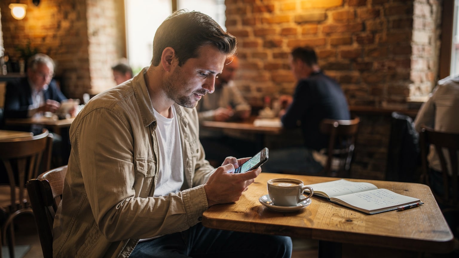 Ein Reisender sitzt in einem belebten Berliner Café, sein Smartphone liegt auf dem Tisch, während er auf den Bildschirm blickt.