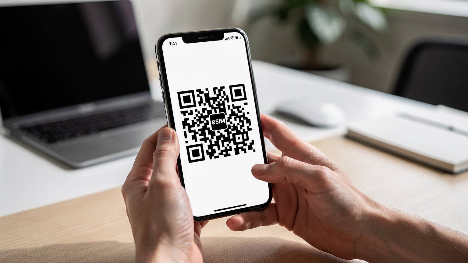 Eine Hand hält ein Smartphone, auf dem der Bildschirm den Aktivierungsprozess einer eSIM mit einem QR-Code zeigt.