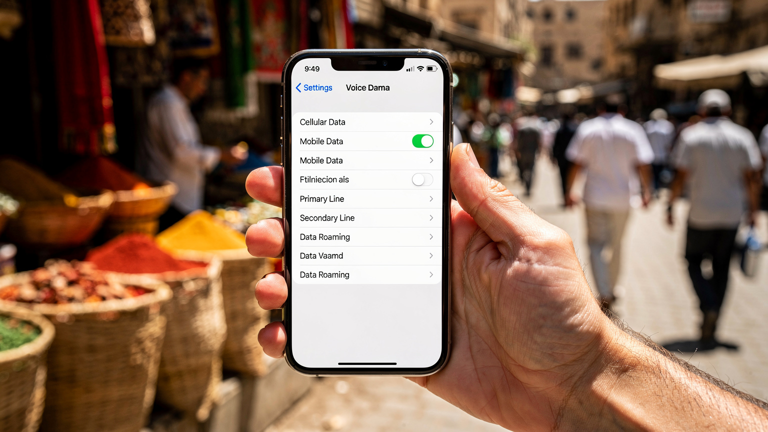 Крупный план экрана iPhone, на котором отображается меню настроек сотовой связи с опциями для выбора предпочтительного тарифного плана для данных и звонков. Рука держит телефон, а на заднем плане видны расфокусированные, но узнаваемые элементы восточного базара в Каире.