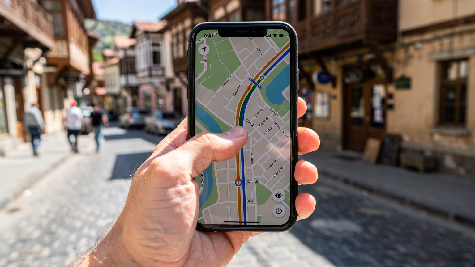 Крупный план руки, держащей смартфон с открытым приложением Google Maps, указывающей на маршрут. На заднем плане, в расфокусе, виднеется оживленная улица старого Тбилиси с характерной архитектурой и брусчаткой. Солнечный полдень, контрастные тени.