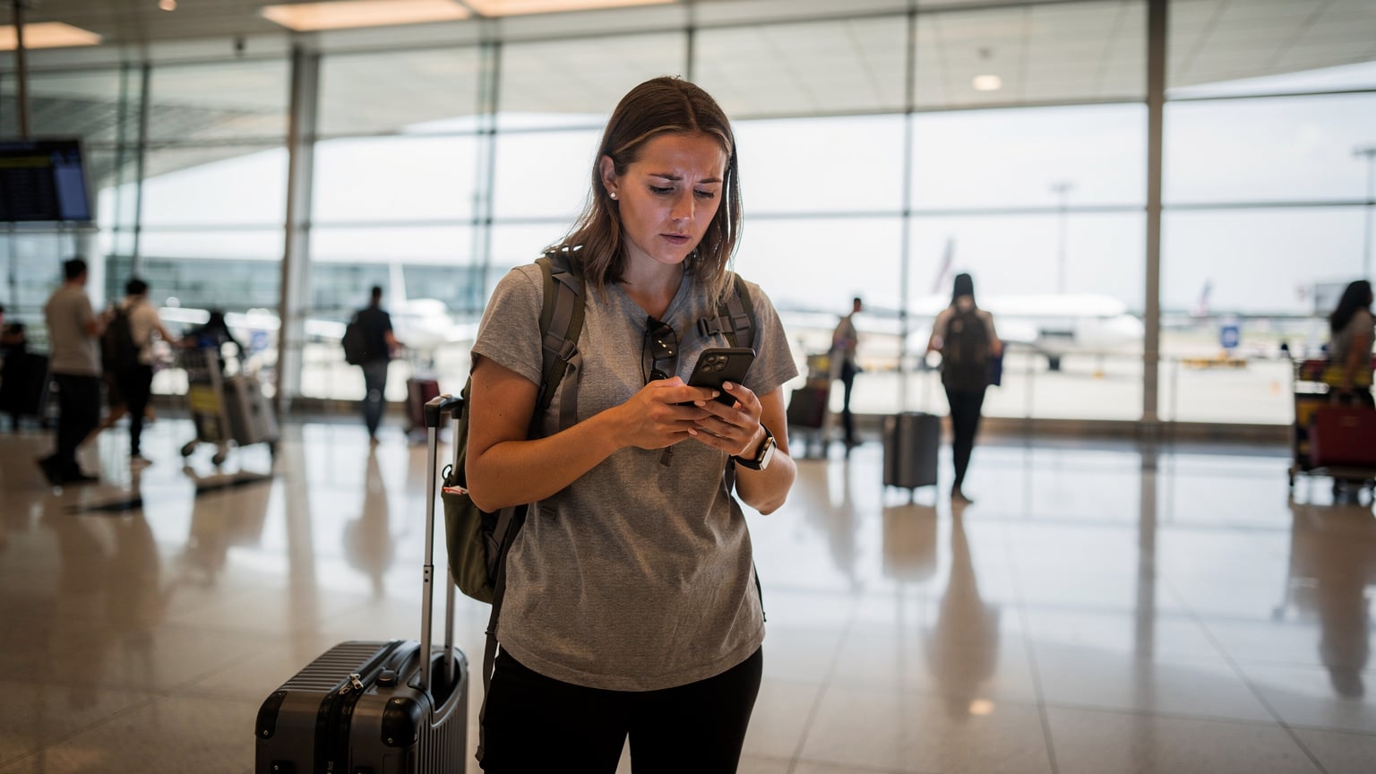 A weary traveler at a bustling international airport terminal, looking with concern at their smartphone screen which displays a 'no service' or 'slow connection' icon, surrounded by luggage and other passengers.