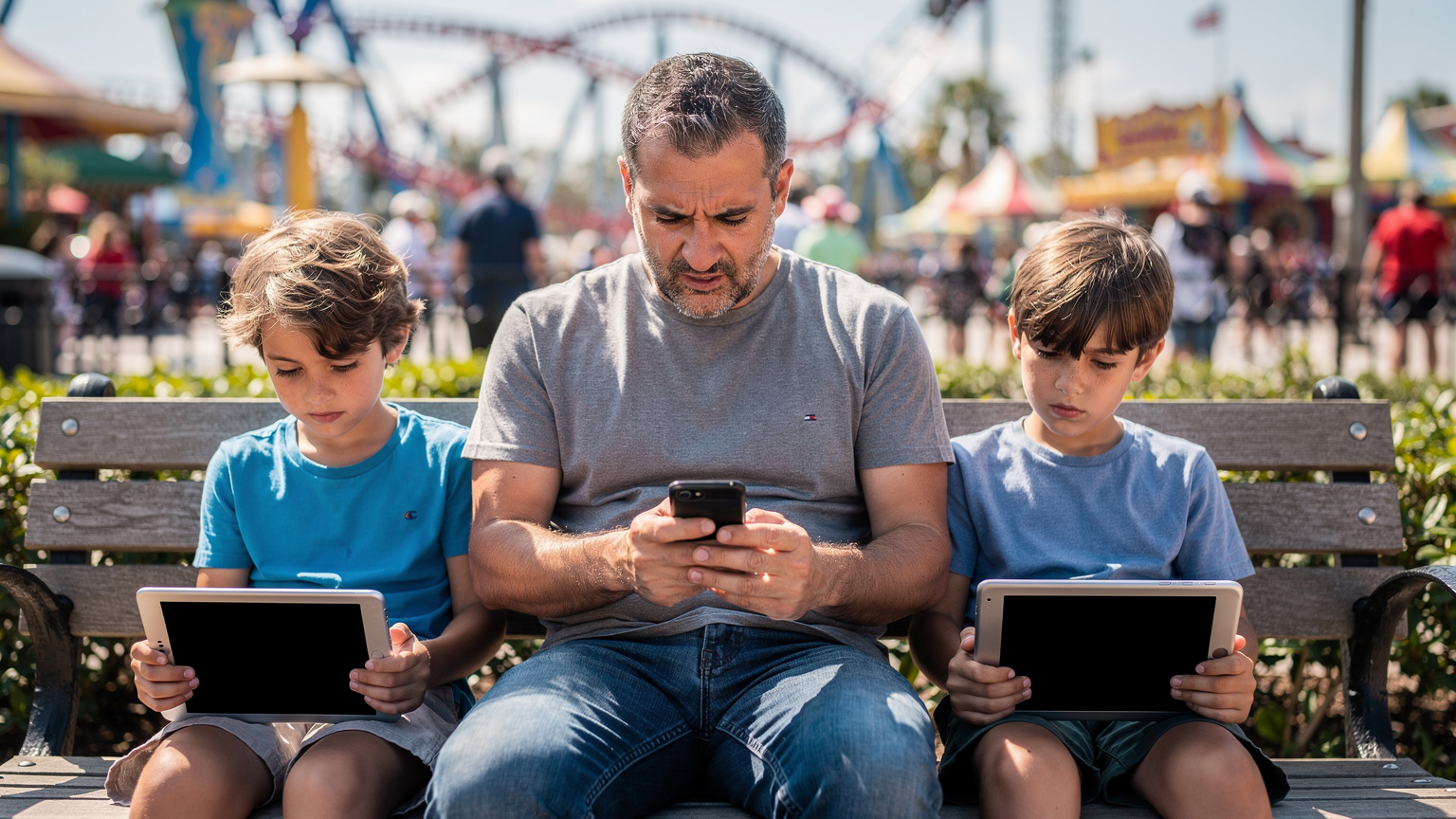 Un padre italiano, un po' frustrato, tiene in mano il suo smartphone mentre i suoi due figli, seduti su una panchina in un parco a tema affollato di Orlando, Florida, guardano i loro tablet spenti, con uno sfondo di giostre e folla sfocata, sotto una luce solare intensa di mezzogiorno.