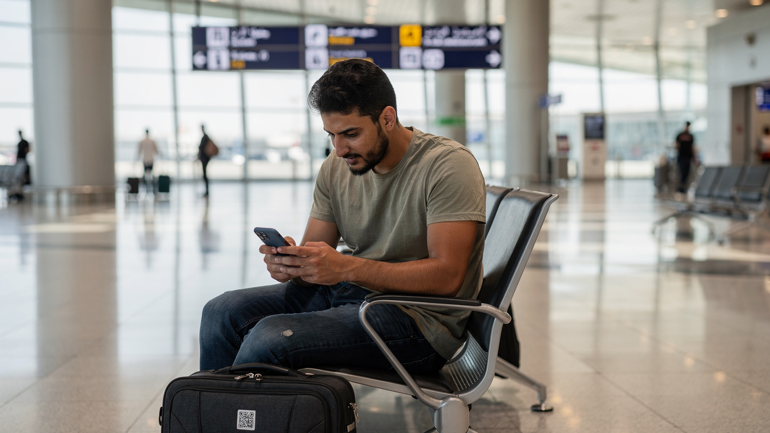 مسافر يستخدم هاتفه الذكي لتفعيل شريحة eSIM في صالة الوصول بمطار البحرين الدولي، مع وجود لافتات عربية وإنجليزية في الخلفية.