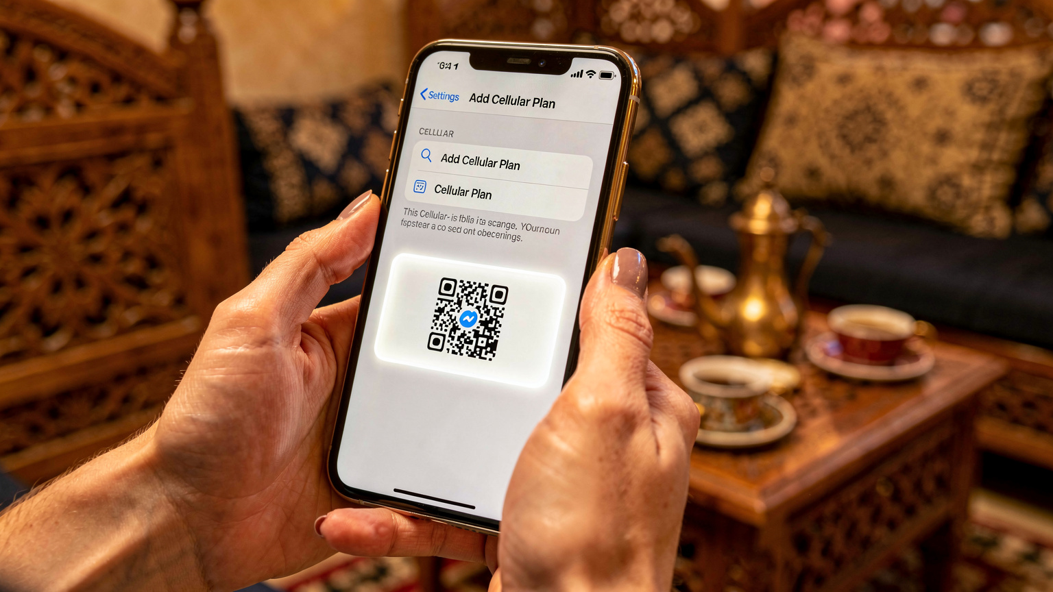 يد تمسك هاتف iPhone يعرض شاشة "إضافة خطة خلوية"، مع التركيز على خيار مسح رمز QR، في خلفية غير واضحة لمقهى عربي تقليدي.