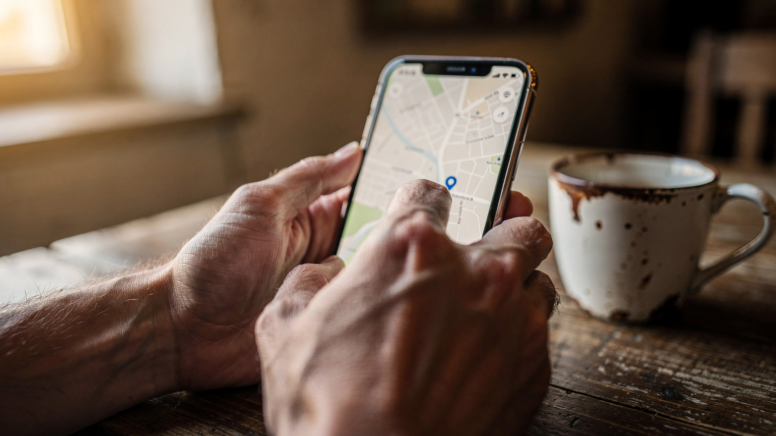 Nahaufnahme der Hände eines Reisenden, der auf einem Smartphone eine Karte in einer Navigations-App offline speichert, mit einer Tasse Kaffee im Hintergrund in einem Hostel-Café in Skopje.