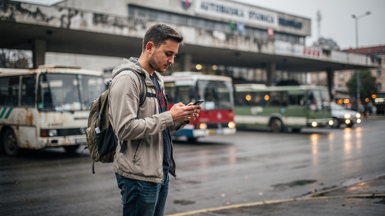 Ein Reisender am Busbahnhof in Belgrad, der auf sein Smartphone schaut und seine eSIM-Verbindung prüft, während Busse im Hintergrund abfahren.