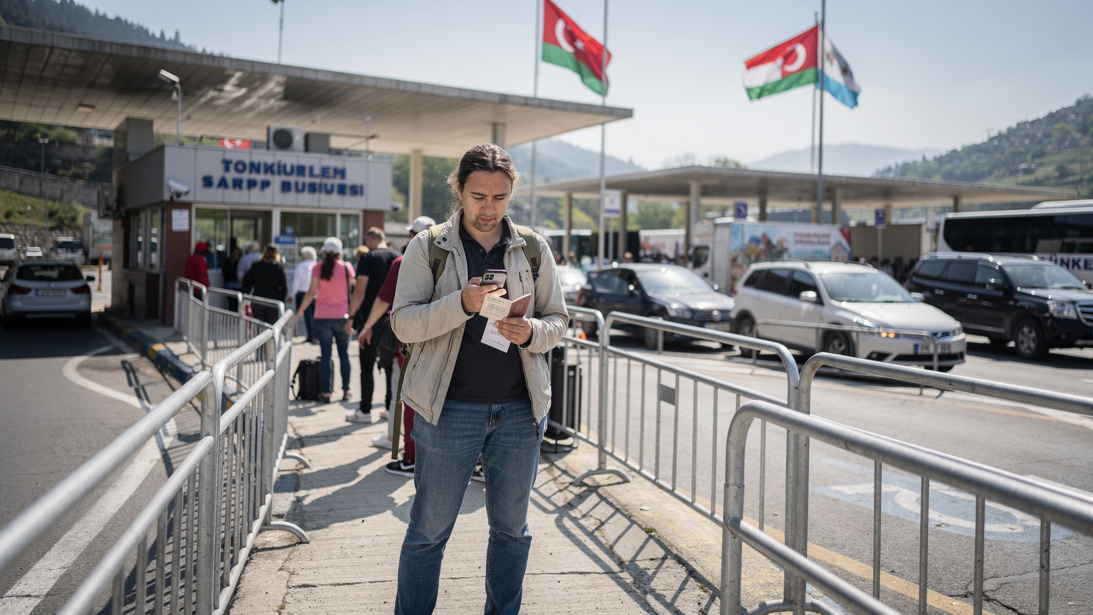 Türkiye-Gürcistan sınırındaki Sarp Sınır Kapısı'nda, kalabalık geçiş noktasında elinde pasaportu ve telefonuyla bekleyen bir gezgin.