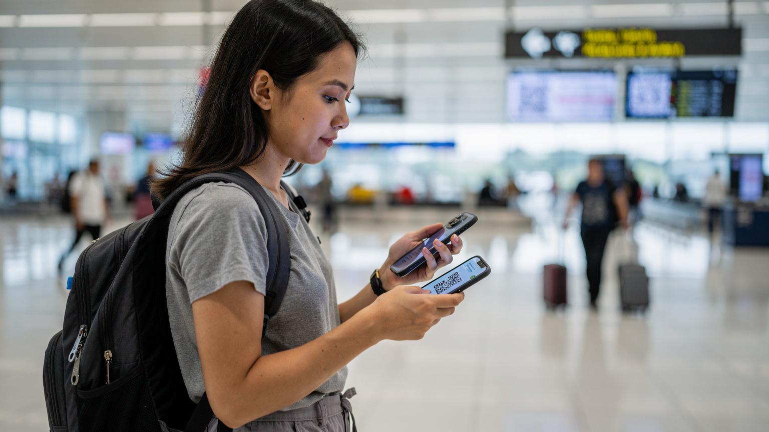 A traveler at a bustling Jakarta airport terminal, scanning an eSIM QR code on their smartphone screen, with blurred airport activity in the background.