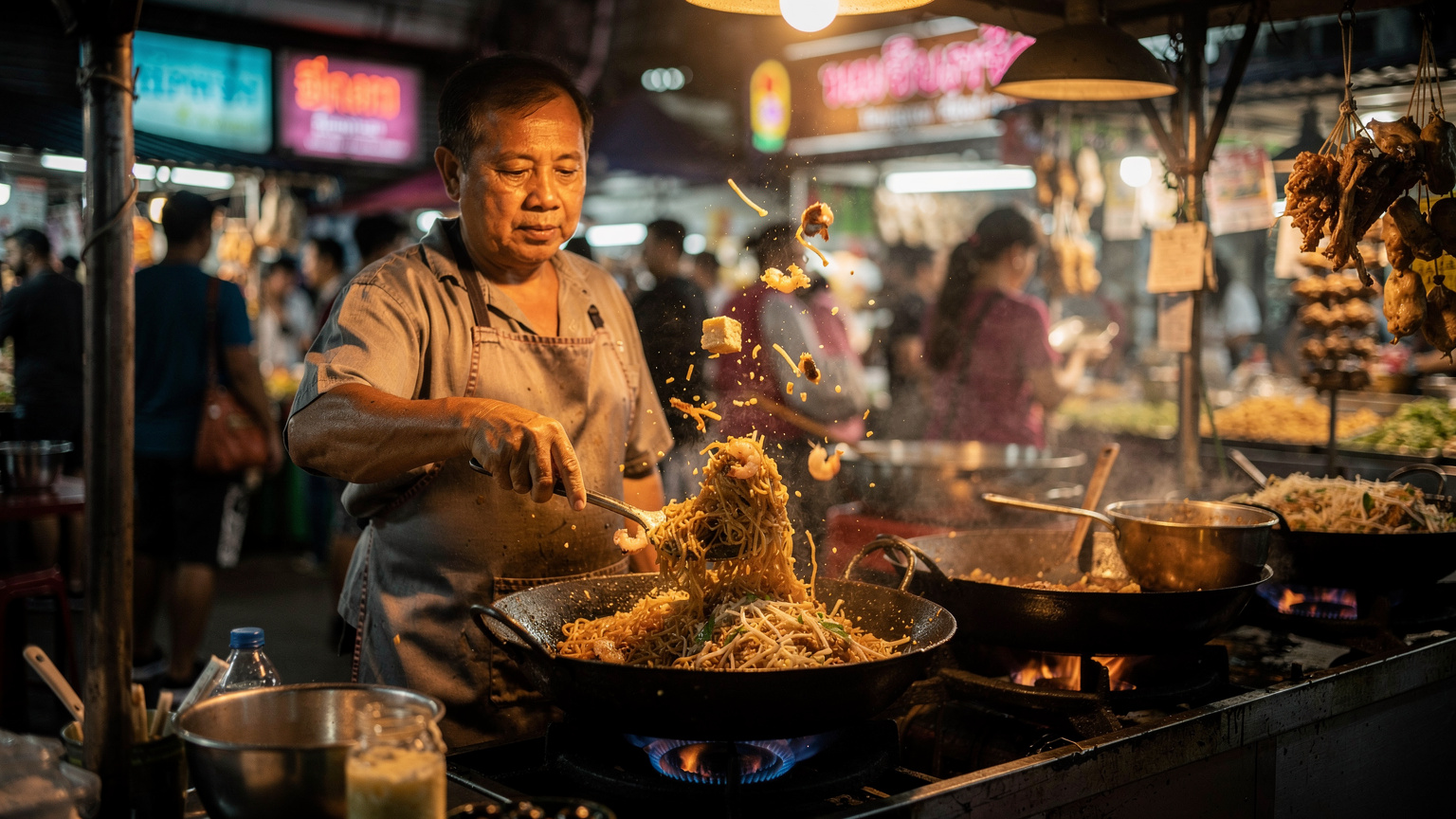 A vibrant street food vendor in a bustling Bangkok night market, preparing Pad Thai in a wok over a flame, with soft focus on the surrounding crowd and neon lights.