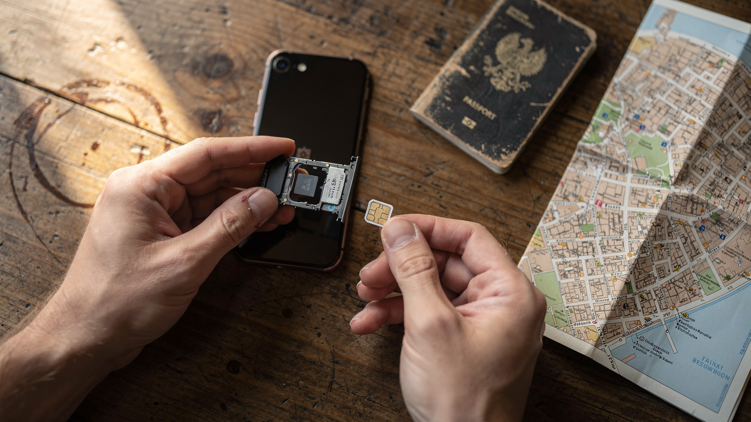 A close-up shot of a traveler's hands carefully inserting a physical SIM card into a smartphone tray, with a passport and a folded map on a wooden cafe table.