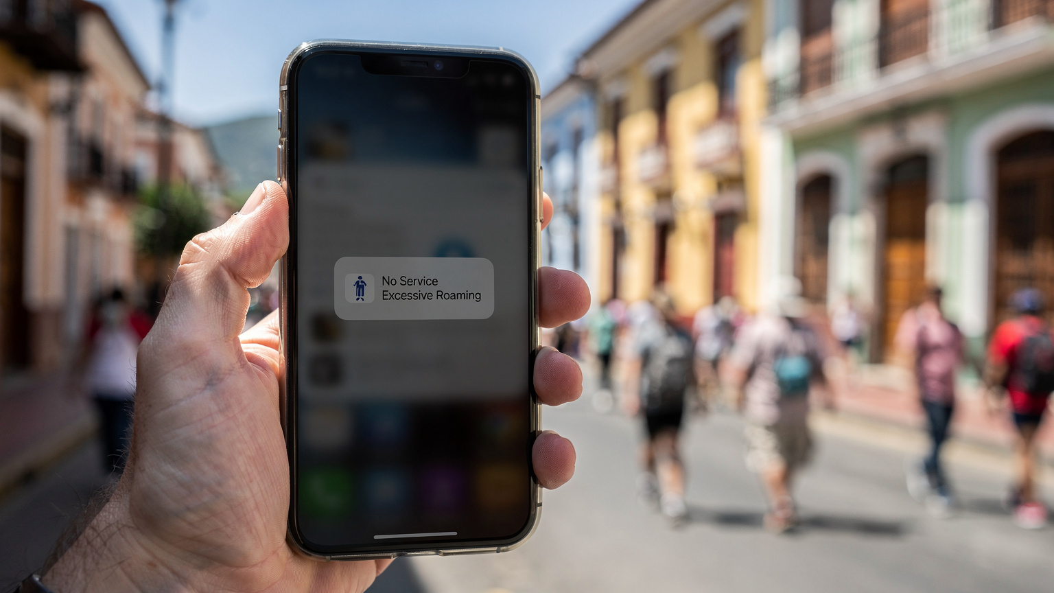 Una mano sosteniendo un smartphone mostrando una pantalla de "sin servicio" o "roaming excesivo" en una calle concurrida de San José, Costa Rica, con edificios coloniales y gente pasando al fondo.