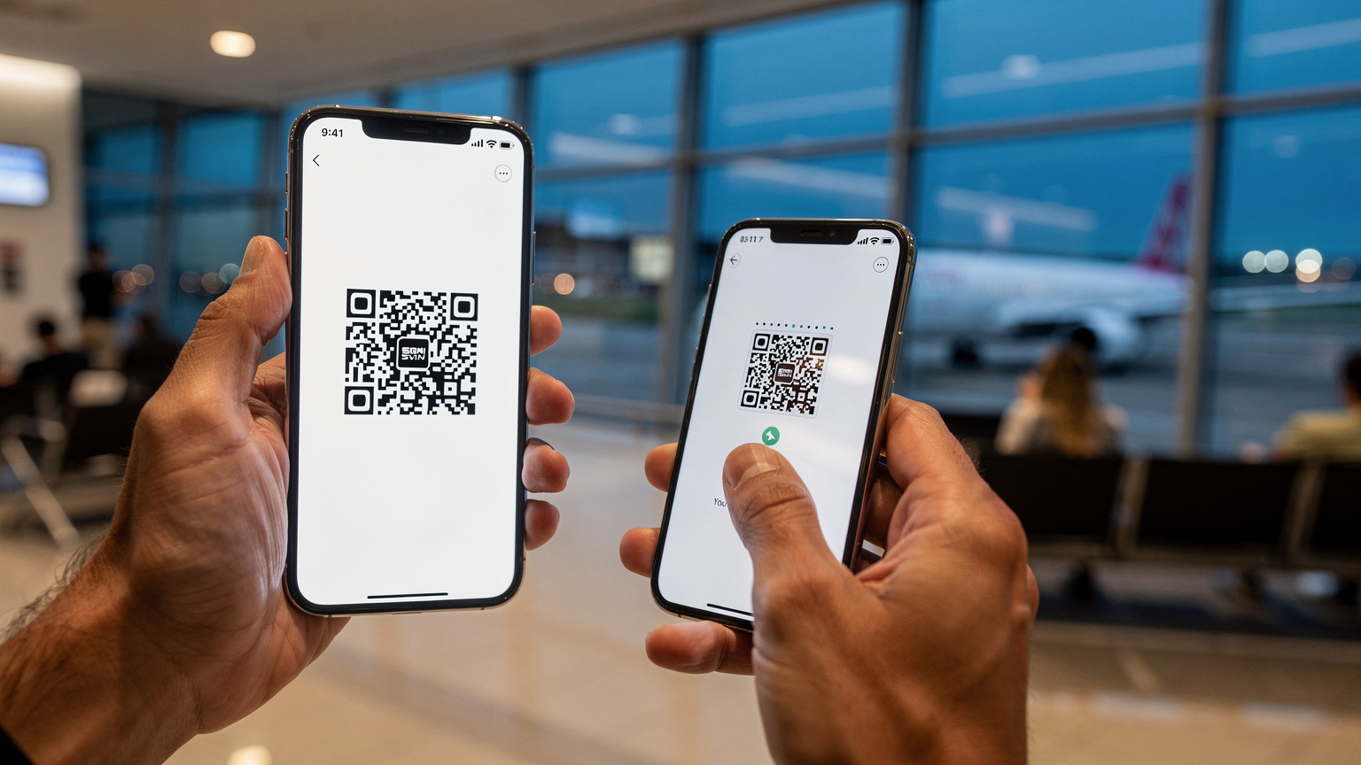 Primer plano de unas manos activando una eSIM escaneando un código QR con un smartphone en una terminal de aeropuerto moderna, con las luces de la pista de aterrizaje visibles a través de una ventana al anochecer.