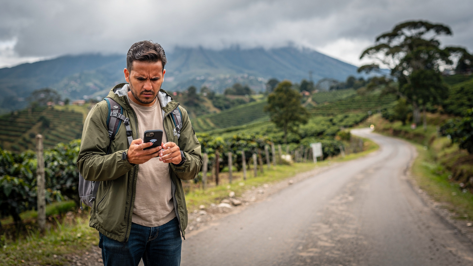 Un viajero digital frustrado con su teléfono sin señal en una carretera rural de las tierras altas de Guatemala, con plantaciones de café y volcanes brumosos de fondo.