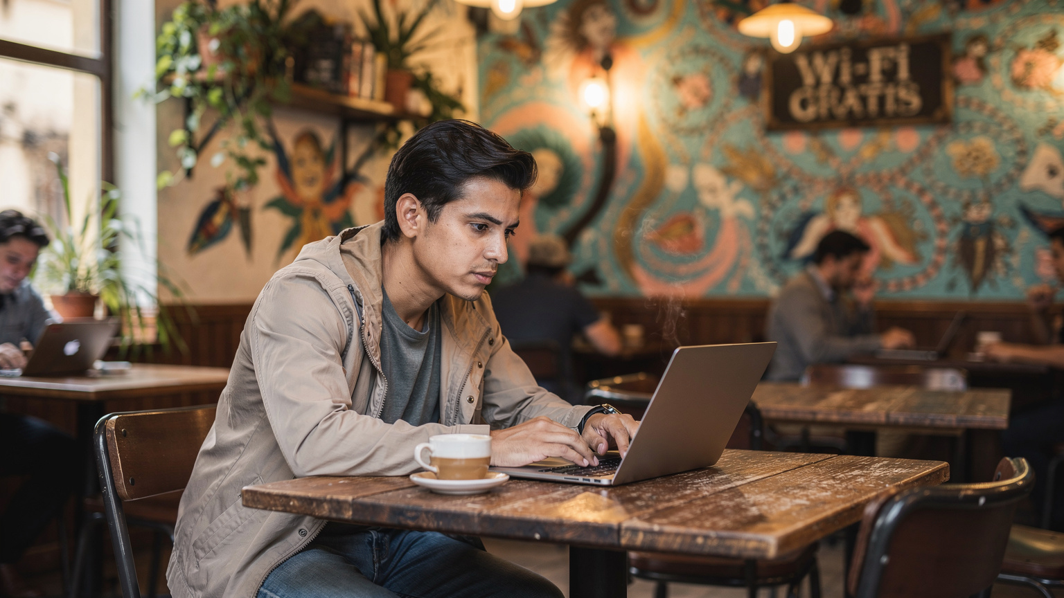 Un nómada digital trabajando concentrado en su laptop en un vibrante café de El Carmen en San Salvador, con una taza de café a un lado y un cartel de "Wi-Fi Gratis" borroso al fondo.