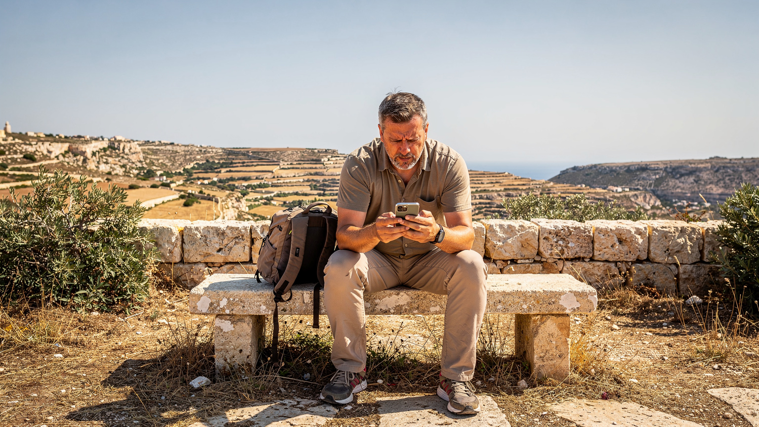 Un viaggiatore guarda con aria preoccupata il suo smartphone che mostra un segnale di rete debole, mentre è seduto su una panchina in una zona rurale di Gozo, Malta.
