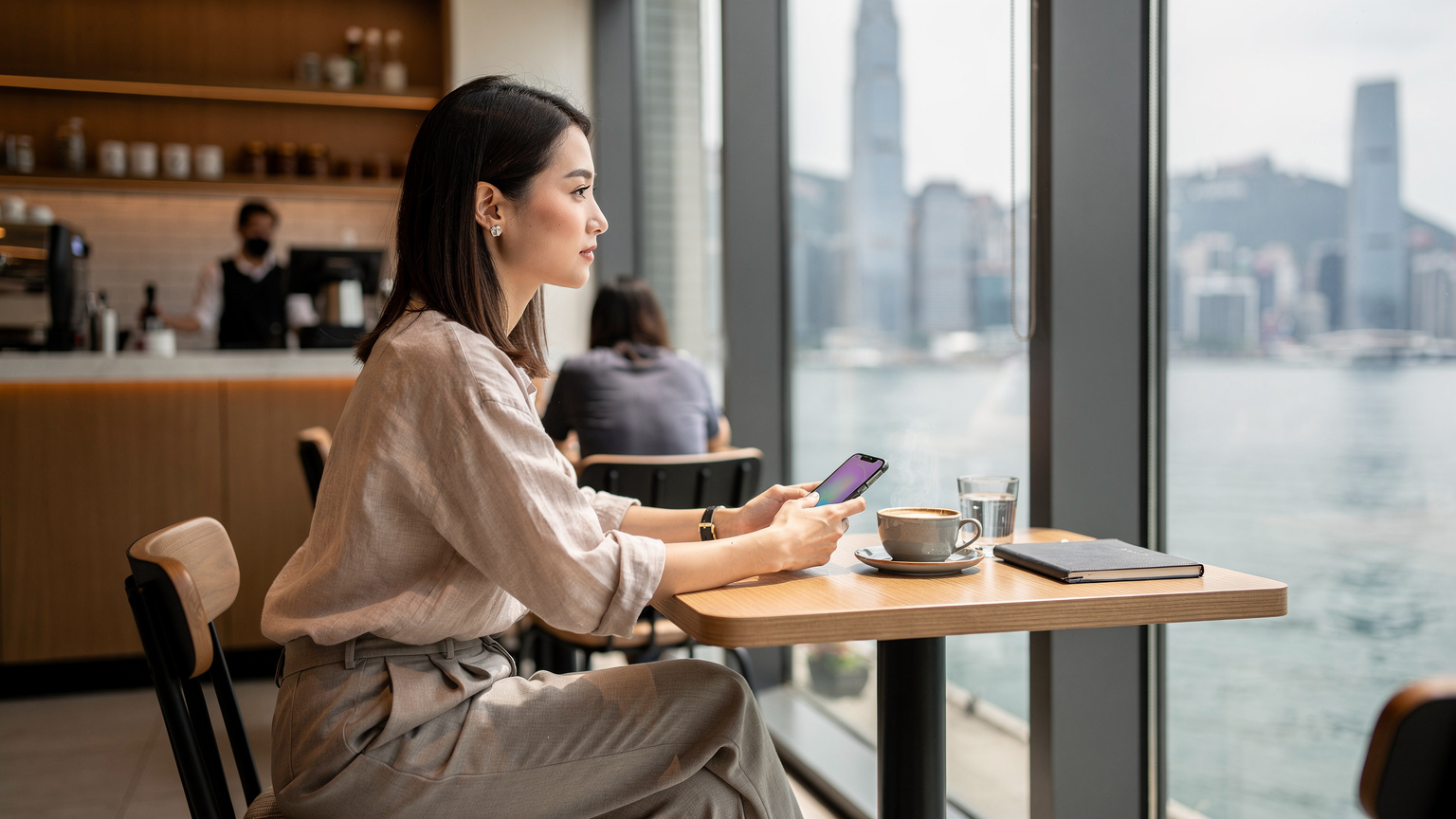 一名女性在香港中环IFC商场内的咖啡馆，手持手机眺望维多利亚港，享受着轻松的氛围。