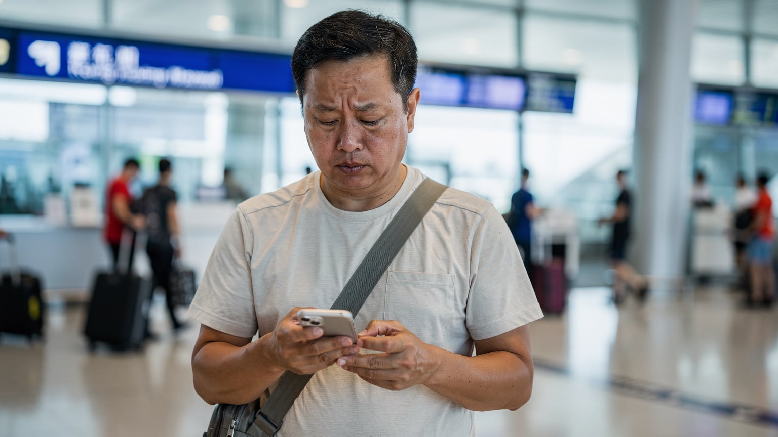 一名亚洲男性旅客在香港国际机场入境大厅，查看手机屏幕，面露困惑。