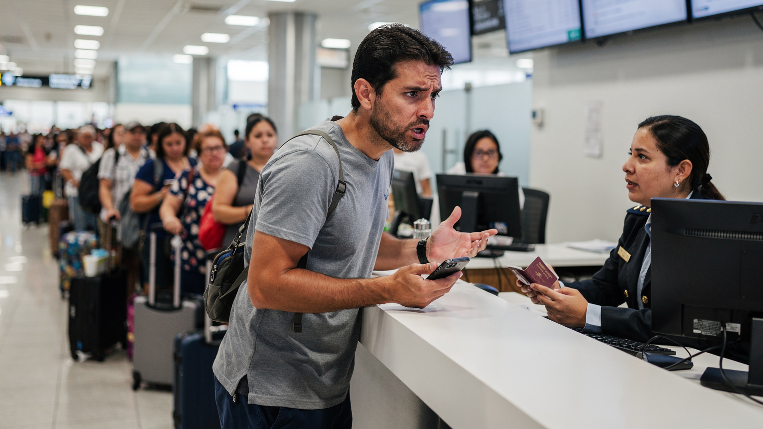 Un viajero frustrado en el mostrador de atención al cliente de un aeropuerto, intentando resolver un problema con su SIM, con largas filas detrás.