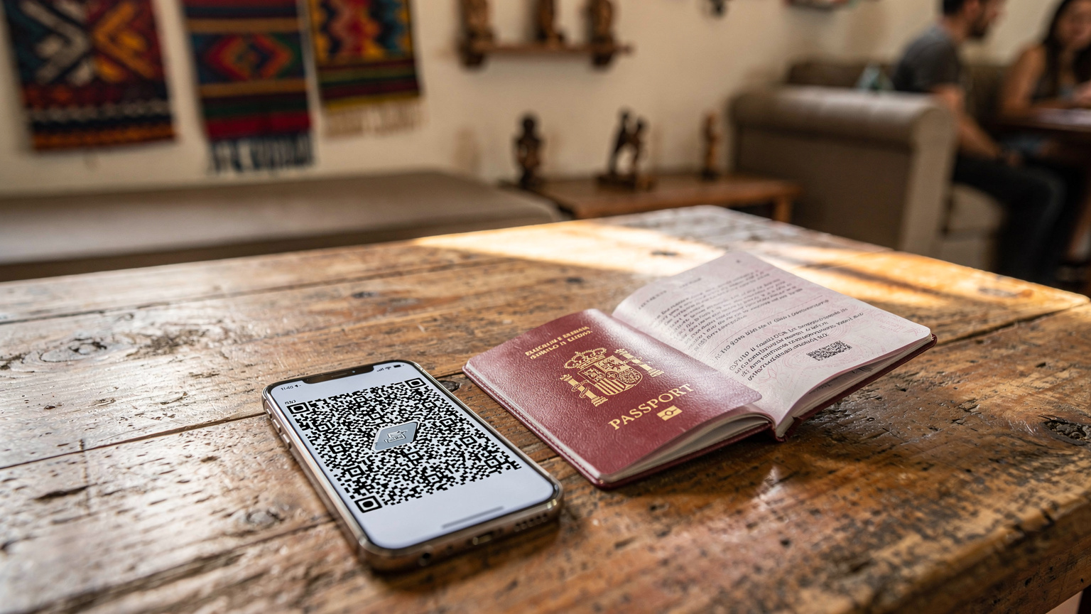 Un pasaporte español abierto junto a un smartphone mostrando el código QR de una eSIM en una mesa de madera rústica en el interior de un hostal en Copán Ruinas, Honduras.