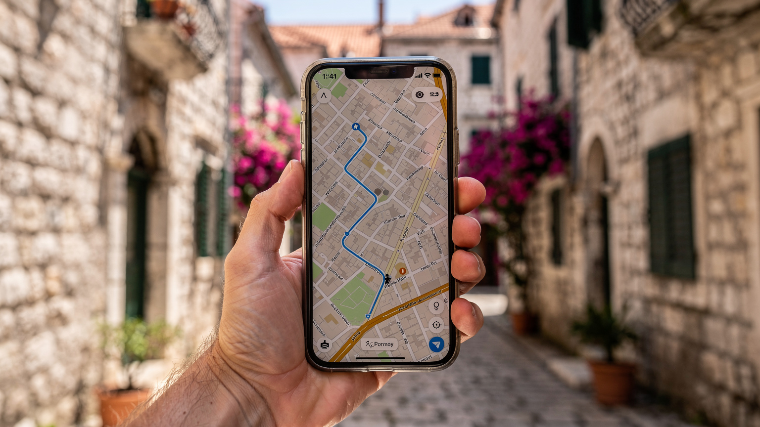 Крупний план руки, що тримає смартфон з відкритою програмою Google Maps, показуючи маршрут до хостелу в історичному центрі Котора, Чорногорія.