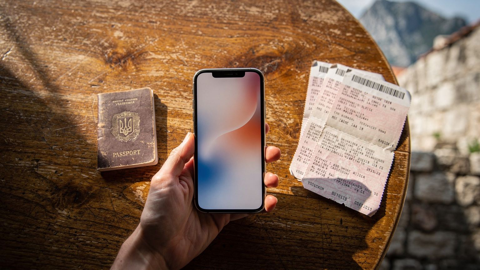 Мій телефон з активованою eSIM, на екрані видно споживання даних, поруч лежить паспорт та квитки на автобус, на столі в кафе в Которі.