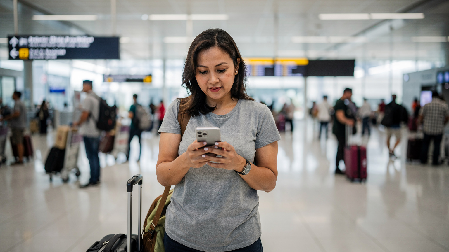 A woman at an airport arrivals hall in Jakarta, Indonesia, activating an eSIM on her smartphone, with luggage nearby and other travellers in the background.