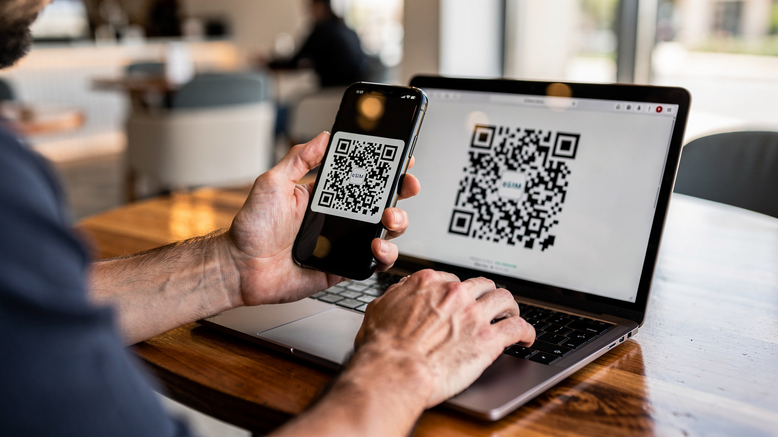 Gros plan sur les mains d'un voyageur scannant un QR code eSIM affiché sur l'écran d'un ordinateur portable avec son smartphone, dans un cadre de café moderne à Tunis.