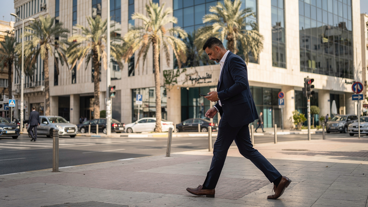Un homme d'affaires tunisien consulte son smartphone en marchant rapidement le long d'une rue animée du quartier des affaires de Tunis, avec des bâtiments modernes et des palmiers en arrière-plan.