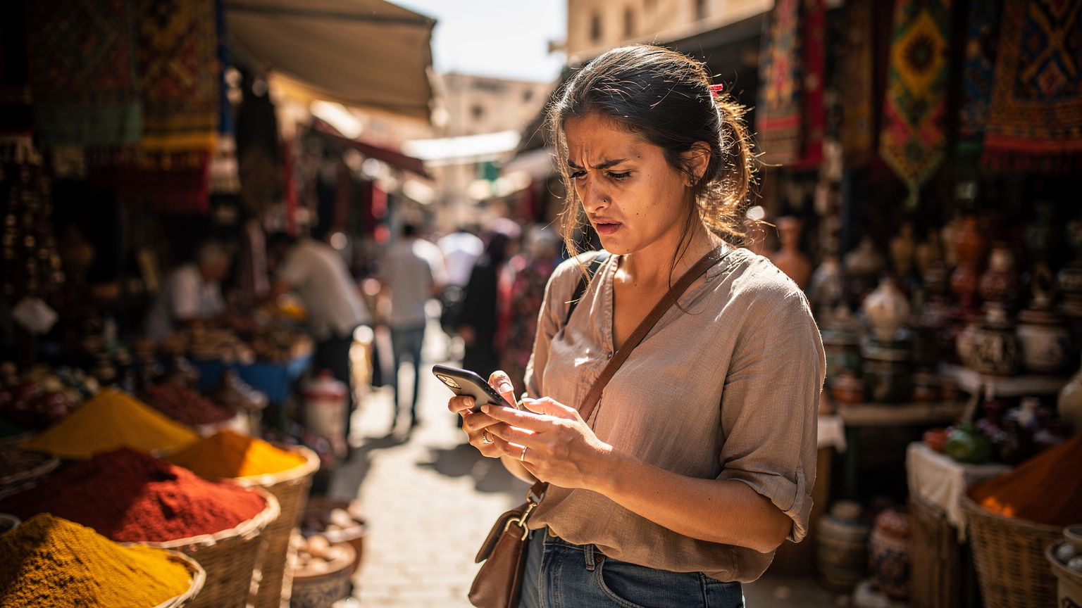 Une femme, visiblement frustrée, regarde son smartphone sans signal dans l'agitation d'un marché en plein air à Sfax, Tunisie, entourée de marchandises.