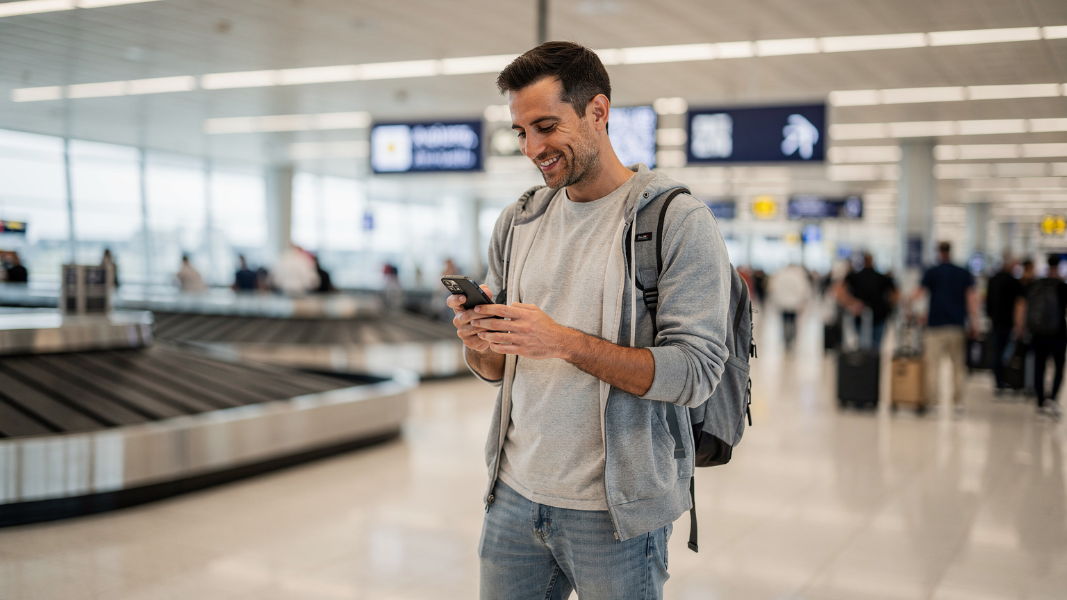 مسافر يستخدم هاتفه لتفعيل شريحة eSIM في صالة الوصول بمطار أثينا الدولي، مما يعكس سهولة الاتصال الفوري بعد الهبوط.