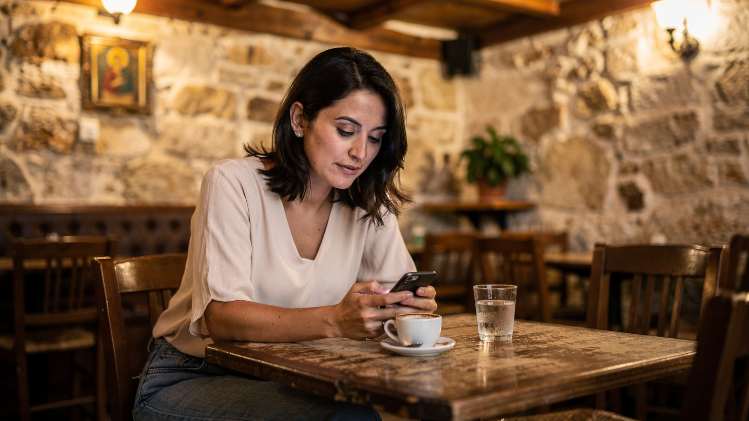صورة لامرأة تجلس في مقهى يوناني تقليدي، تستخدم هاتفها المحمول مع فنجان قهوة يونانية أمامها، مما يجسد استخدام الإنترنت في بيئة مريحة.