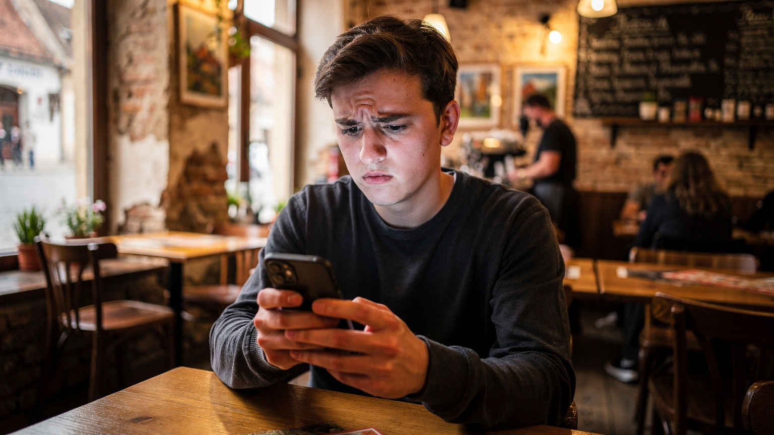 O persoană priveste cu ușoară frustrare un telefon mobil care afișează o eroare de conectivitate, la o cafenea aglomerată din centrul vechi al Brașovului.
