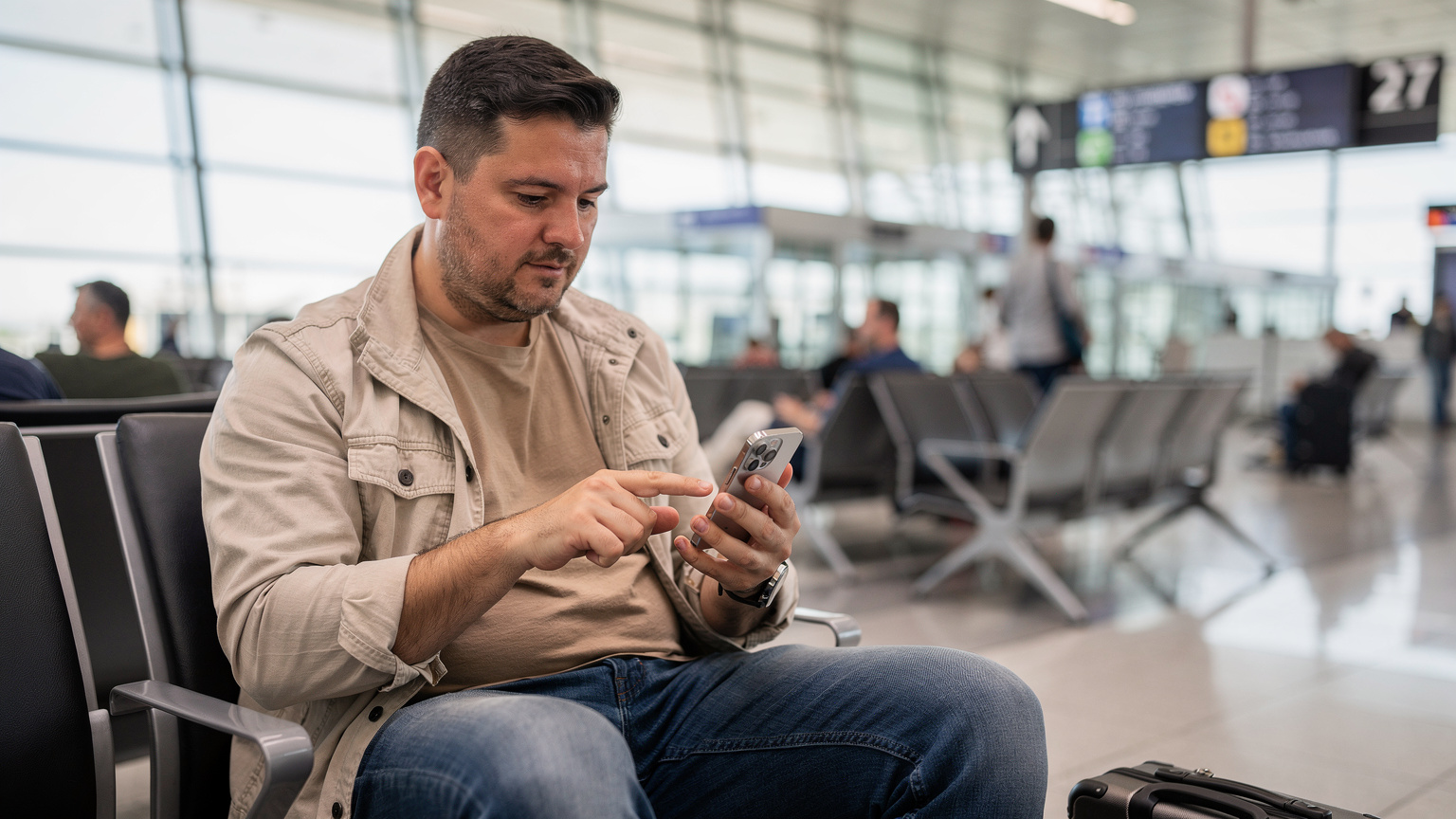 Un călător român verificând setările eSIM pe un iPhone 15 Pro, în timp ce așteaptă la Poarta D27 din Aeroportul Internațional Henri Coandă, București.