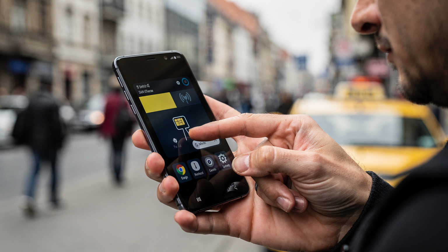 Mână de bărbat arătând spre secțiunea de setări SIM Card Manager pe un telefon Samsung Galaxy, într-un mediu urban aglomerat din București, cu o mașină de taxi vizibilă în fundal.