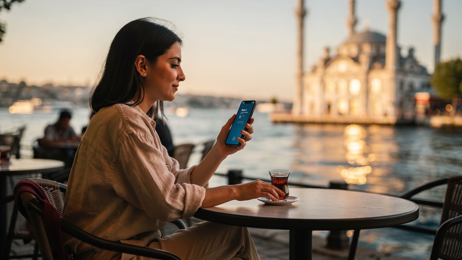 Tourist activating eSIM on phone at an Istanbul cafe with Ortaköy Mosque and Bosphorus in background.